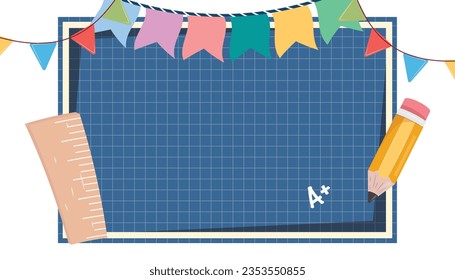 Blank banner for own text with grid chalkboard, pencil and wooden ruler. Back to school, education, studying, celebrating concept. 
