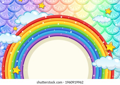 Blank banner with rainbow frame on colourful fish scales background illustration