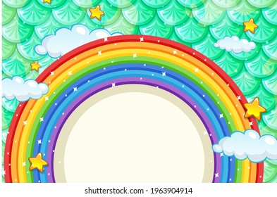 Blank banner with rainbow frame on green fish scales background illustration