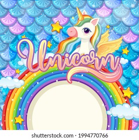 Blank banner with rainbow frame on blue fish scales background illustration