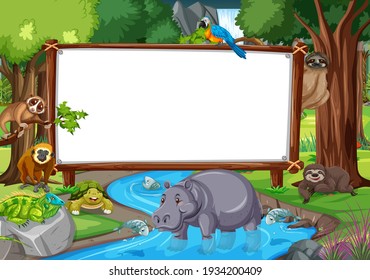 Blank banner in the rainforest scene with wild animals illustration