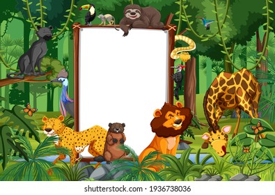 Blank banner in the rainforest scene with wild animals illustration