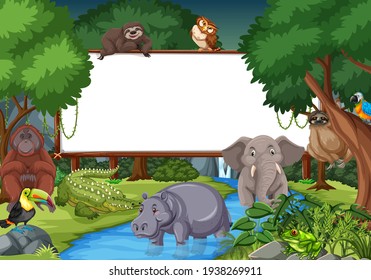 Blank banner in the rainforest scene with wild animals illustration