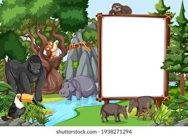 Blank banner in the rainforest scene with wild animals illustration