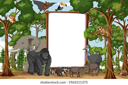 Blank banner in the rainforest scene with wild animals illustration