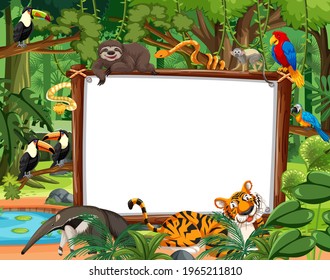 Blank banner in the rainforest scene with wild animals illustration