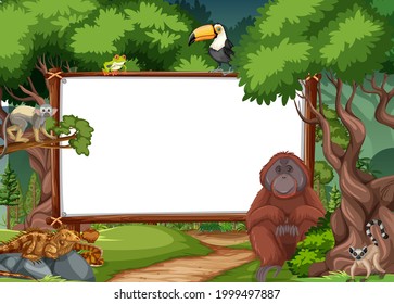 Blank banner in the rainforest scene with wild animals illustration
