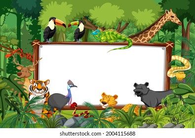 Cartel en blanco en la escena de la selva tropical con ilustración de animales salvajes