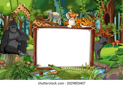 Cartel en blanco en la escena de la selva tropical con ilustración de animales salvajes