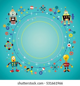 blank banner round frame border with retro future robot characters