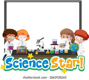 Blank banner science star logo with kid holding experimental science object isolated on white background illustration