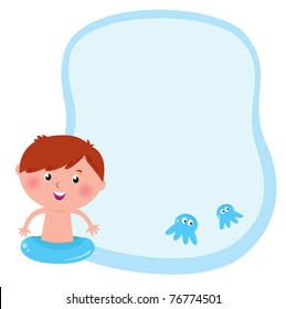 Blank banner with swimming kid and two octopus. Vector Illustration.