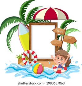 Blank banner template with many kids on summer vacation at the beach isolated illustration