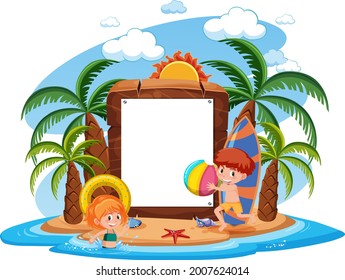 Blank banner template with many kids on summer vacation at the beach isolated illustration