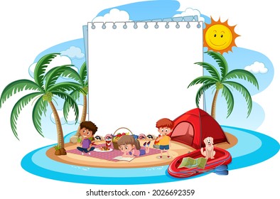 Blank banner template with many kids on summer vacation at the beach isolated illustration