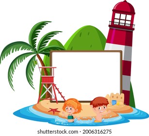 Blank banner template on the island with lighthouse isolated illustration