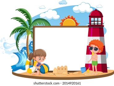 Blank banner template on the island with lighthouse isolated illustration