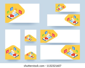Blank banner or template set with isometric view of health or medical care apps in smartphone for Online Health Service concept.
