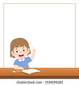 blank banner text box frame and a girl study at the desk and figure out something , illustration vector. Education Concept.
