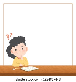 cuadro de texto de banner en blanco y estudio de una chica asiática en el escritorio con una pregunta , vector de ilustración. Concepto de educación.