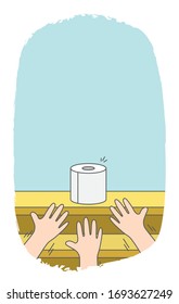 Blank banner three hands struggling for toilet paper on shelves in supermarket because it does not enough on demand of people in crisis situation. illustration vector.