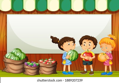 Blank banner with three kids in fruit market theme illustration