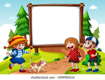 Blank banner with three kids in nature scene illustration