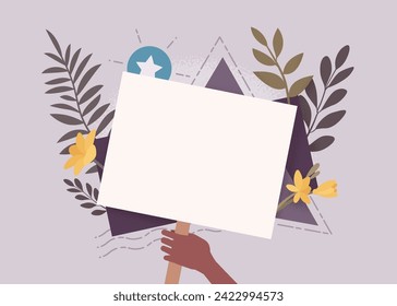 Blank banner, white paper sheet, empty placard mockup black hand hold. Public protest, demonstration display. Information, greeting, holiday, business announcement text template, botanical background