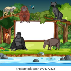 Blank banner with wild animal cartoon character in the forest scene illustration