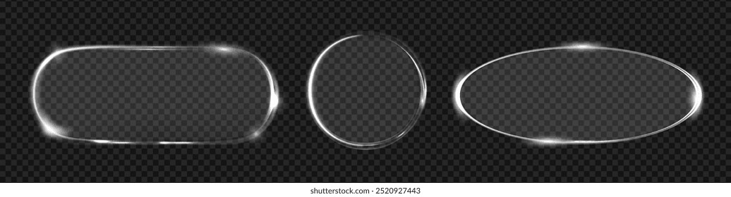 Blank banners of glass or plastic. Vector isolated set of circular and rounded geometric shapes. Borders and frames for copy space. Presentation or technological background for products