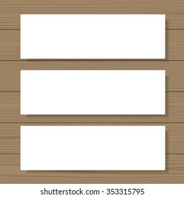 Blank banners mock up set on wooden background. Web, printable presentation, corporate identity template. Add your own background, text, logo, or any other design. Vector illustration.
