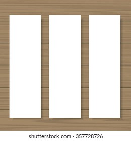 Blank banners mock up set on wooden background. Vertical standing layout. Web, printable presentation, corporate identity template. Vector illustration.