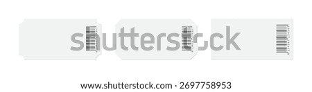 Blank barcode tickets set. Collection of white ticket stubs with different corner cuts and vertical barcodes on right side. Simple admission or product label template. Realistic vector illustration.