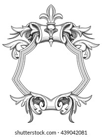 Blank baroque shield with floral ornament and stroked shades. Hand drawn vintage heraldic insignia design isolated on white. Old style flourish swirls and rococo decor.