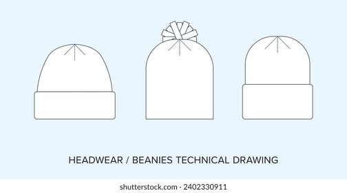 Blank Beanies Technical Drawing, Headwear Blueprint for Fashion Designers. Detailed Editable Vector Illustration, Black and White Knit Hat Accessory Schematics, Isolated Background. 