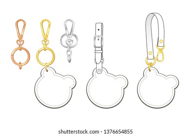 Cadenas de llaves con forma de cabeza de oso en blanco/conjunto de encantos de bolsa, etiquetas de cabeza de oso con correa desmontable, plantilla de esbozo de ilustración vectorial