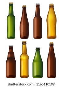 Blank beer bottles. Colored glass containers, vessels for brown and light craft and green beer. Realistic vector illustrations bottles. Set of beer glass container, bottle for alcohol beverage