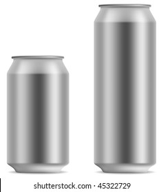 Blank Beer Can In 2 Variants 330 And 500 Ml Isolated On White Background.