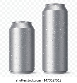 Blank beer can mock up with condensation droplets. Small and aig aluminium soda can isolated on transparent background. Realistic drink packaging. Vector eps 10.