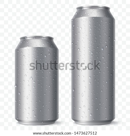 Blank beer can mock up with condensation droplets. Small and aig aluminium soda can isolated on transparent background. Realistic drink packaging. Vector eps 10.