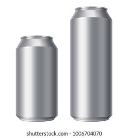 Blank beer can mock up. Small and Big Aluminium soda can isolated on white background. Realistic Drink packaging for branding and presentation of your design. Front view. Vector eps 10.