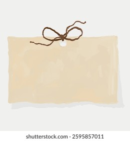 Blank beige paper tag with a brown string bow. The tag is simple and elegant. Beige paper and brown string create a minimalist and rustic look. Vintage vector illustration.