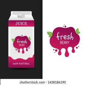 Blank berry fresh juice carton branding box. Juice or milk cardboard package. Drink box. Modern vector illustration.