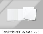 Blank bifold brochure mockup with soft natural shadows on background. Template for branding, editorial layout, flyer, magazine, wedding invitation, postcard, brochure or corporate presentation design