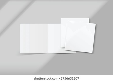 Blank bifold brochure mockup with soft natural shadows on background. Template for branding, editorial layout, flyer, magazine, wedding invitation, postcard, brochure or corporate presentation design
