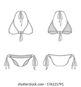 Blank bikini in front, back and side views. Isolated on white. 
