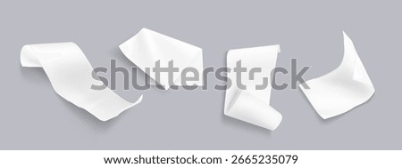 Blank bill receipt paper sheets with curved and folded edges floating on gray background for financial documents. White invoice templates in various positions for accounting or payment mockups.