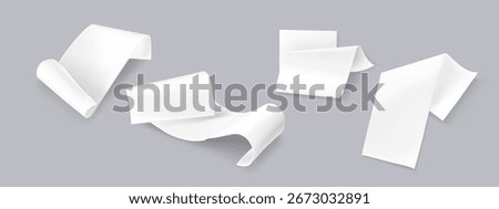 Blank bill receipt paper sheets with curved and folded edges floating on gray background for financial documents. White invoice templates in various positions for accounting or payment mockups.