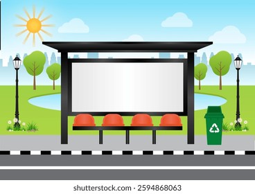 Blank Billboard at Bus Stop or Bus Station. Vector Illustration. 