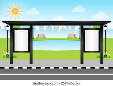 Blank Billboard at Bus Stop or Bus Station. Vector Illustration. 